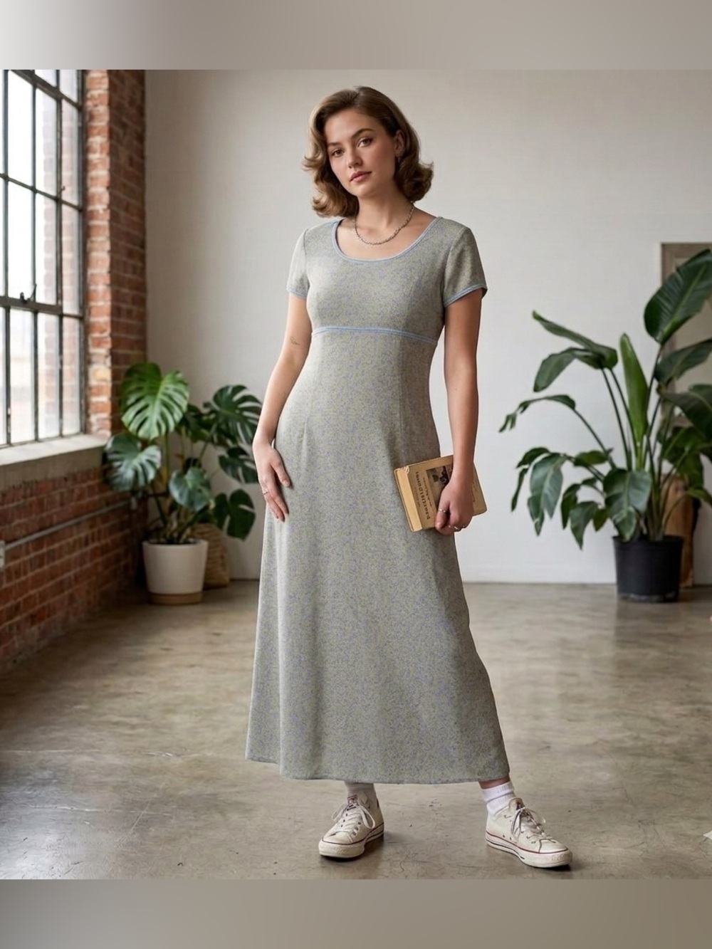 90s Express Babydoll Maxi Dress Muted Ditsy Floral Empire Waist Velvet Trim